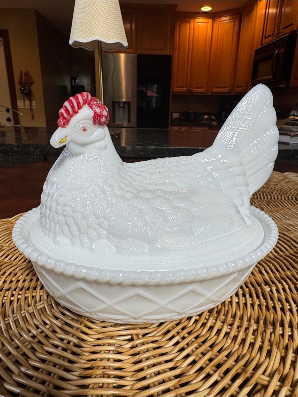 White Ceramic Hen on Nest Covered Dish with Red Comb